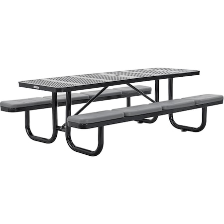 Global Industrial Rectangle Picnic Table W/ Seat Cushions, Black, Perforated Metal, 8 ft L 694555BKS